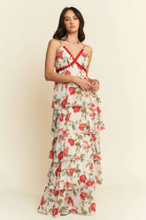 Ivory Red Contrast Ring Lace Ruffle Maxi Dress, Dresses, $ 75.00, A Moment Of Now™